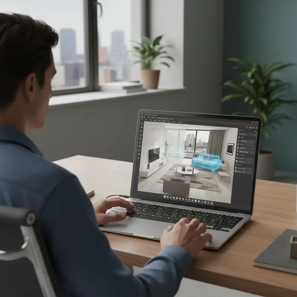 Person using laptop to place a sofa in living room design using interior design app