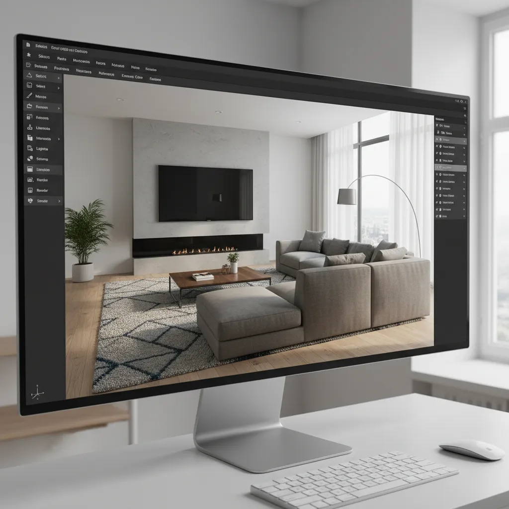 aplicación de diseño mostrando una sala en 3D con muebles y distribución