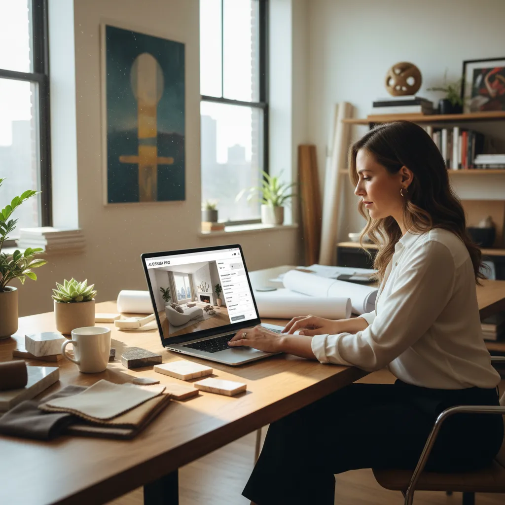 Diseñador usando software de diseño de interiores con IA en ordenador