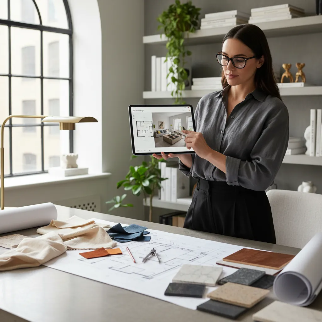 Proceso de diseño de interiores usando una tablet y planos digitales