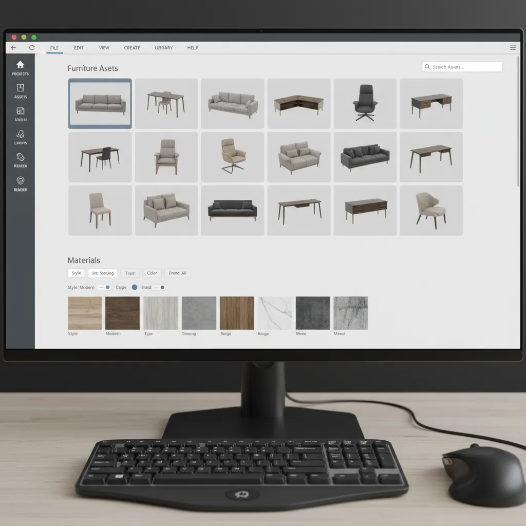 3D interior design asset library with furniture and materials displayed in a design interface