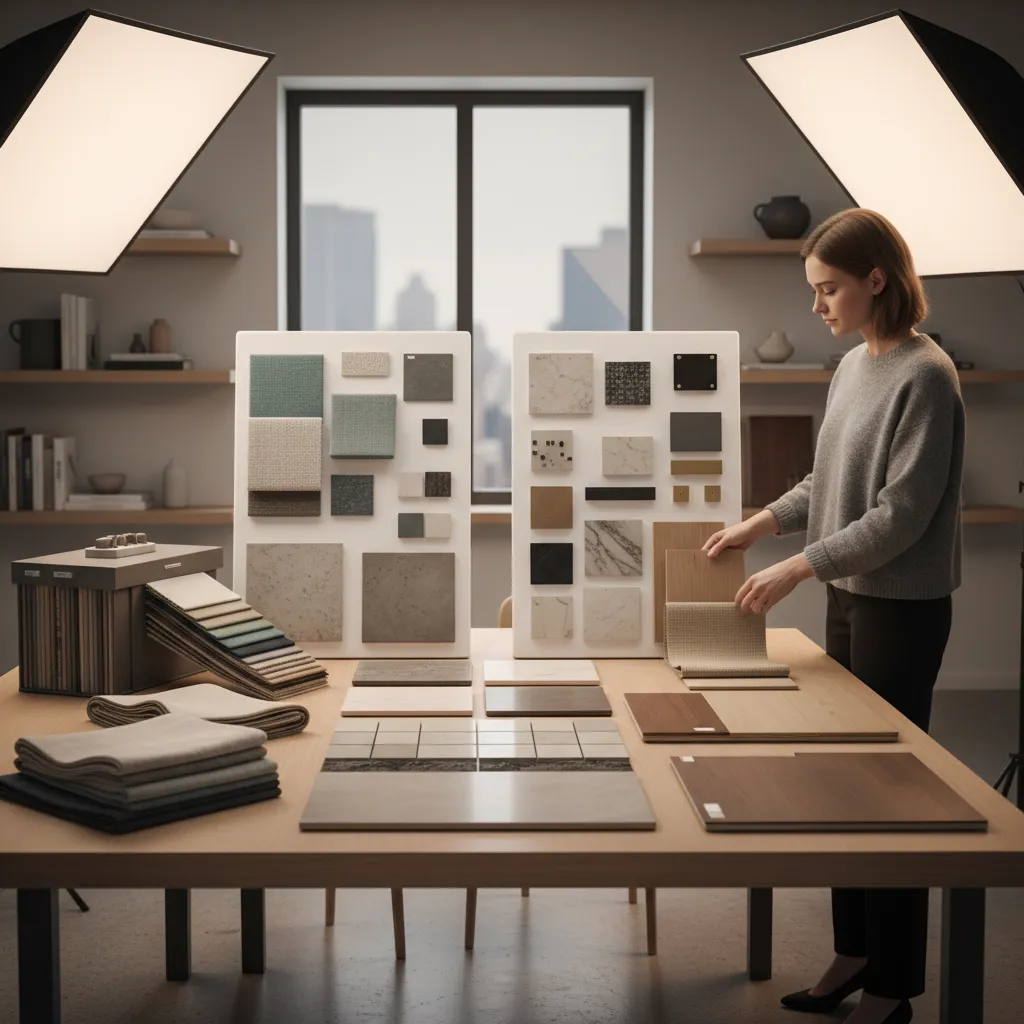 interior design assistant organizing material samples and fabric swatches