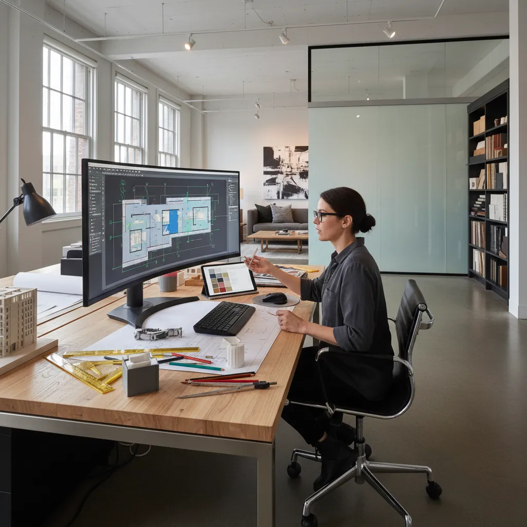 Diseñador trabajando en planos de interiorismo en ordenador