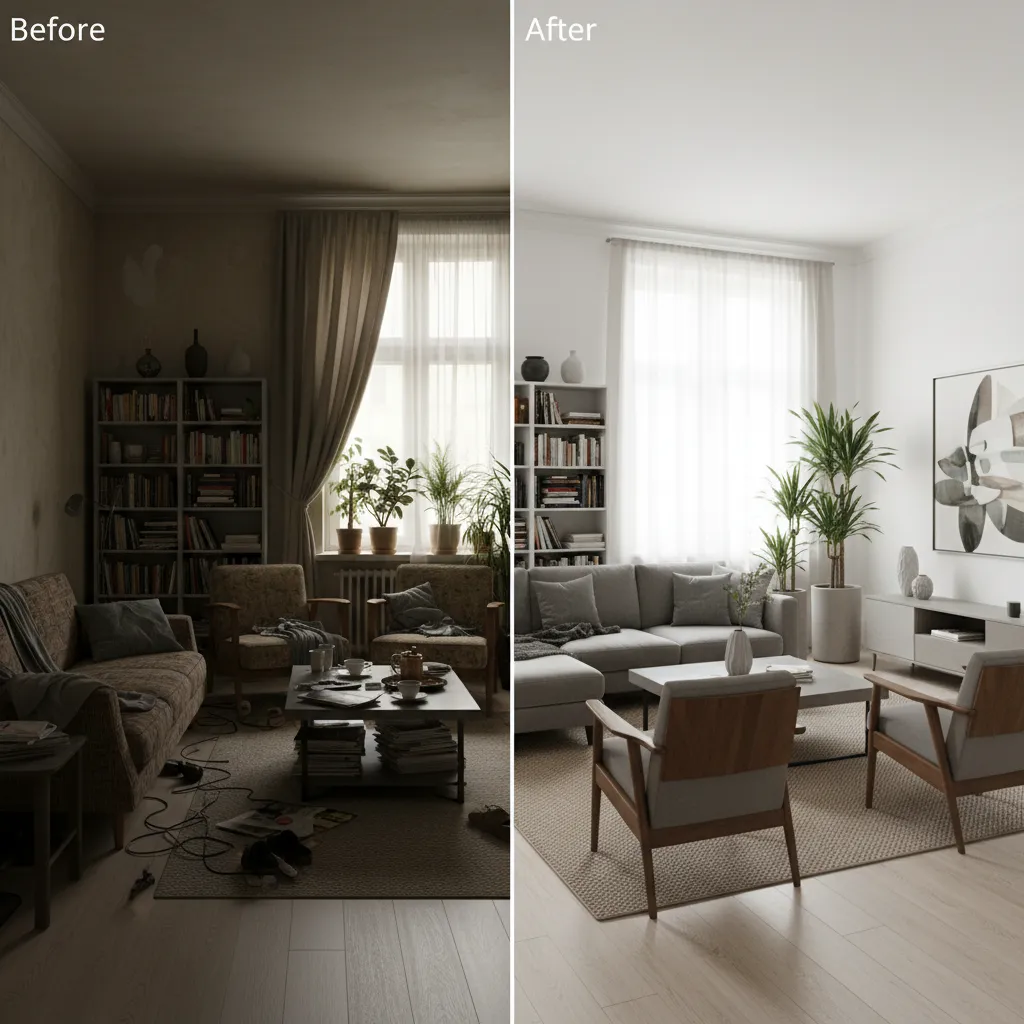 Before and after comparison of dark messy living room versus bright modern and clean space