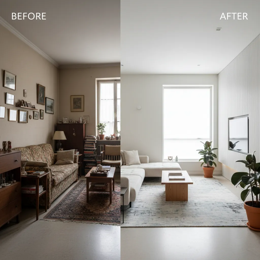 Comparación de un salón antes y después de un proyecto de decoración de interiores