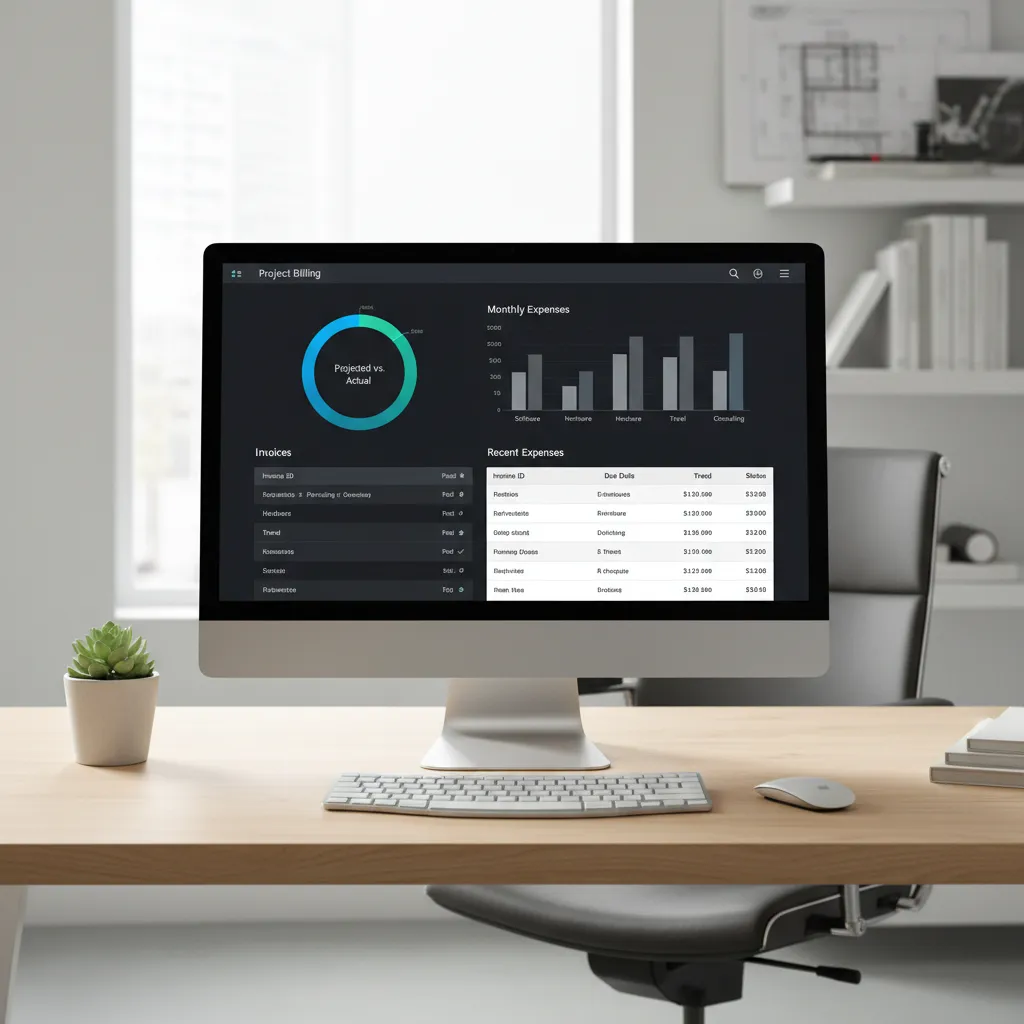 Project billing dashboard showing invoices expenses and payments for a design project