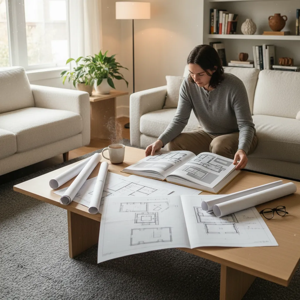 Persona revisando un libro de diseño interior con diagramas de espacios