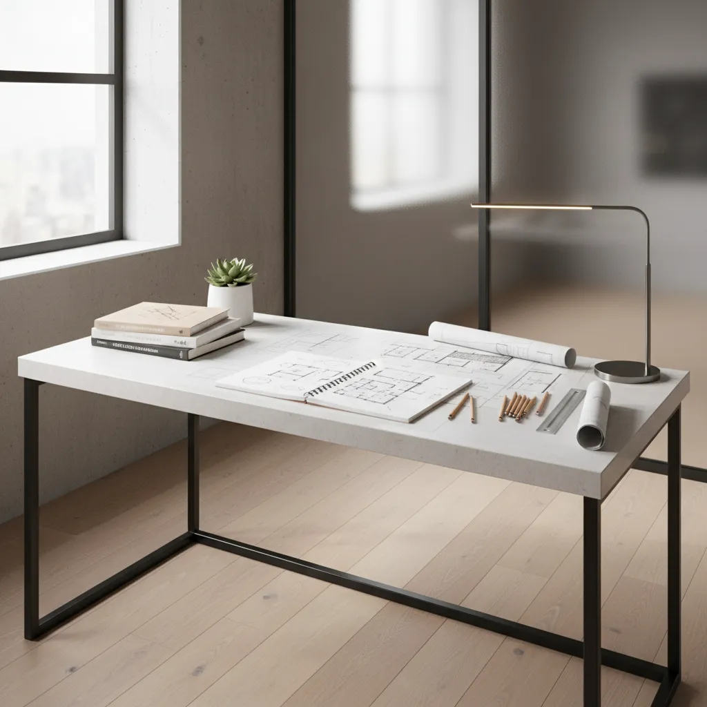 Interior design books and hand drawn floor plan sketches on desk