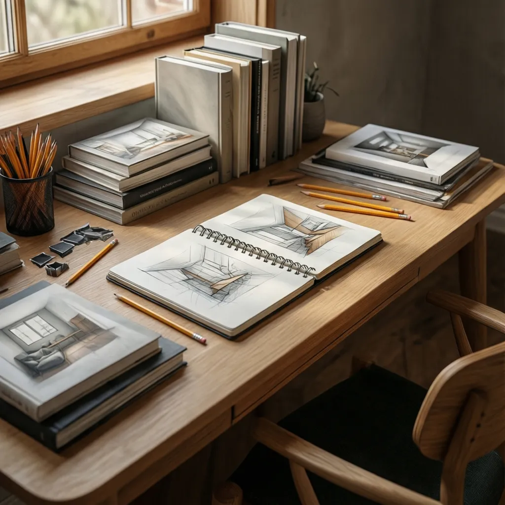 Mesa de trabajo con varios libros de diseño de interiores y cuadernos de bocetos