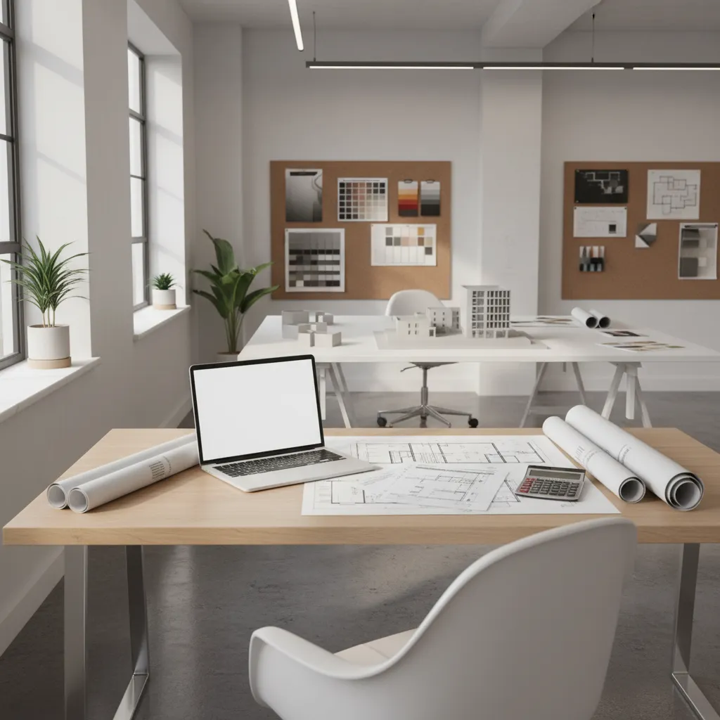 Interior designer reviewing bill of quantities and floor plans on desk