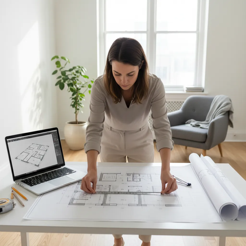 Interior designer checking room measurements on a floor plan for BOQ preparation