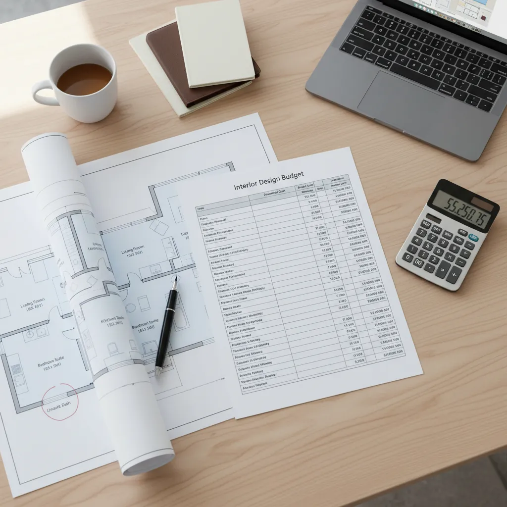 Desk with laptop, coffee mug, calculator, budget sheet, pen, and interior design drawing room layout