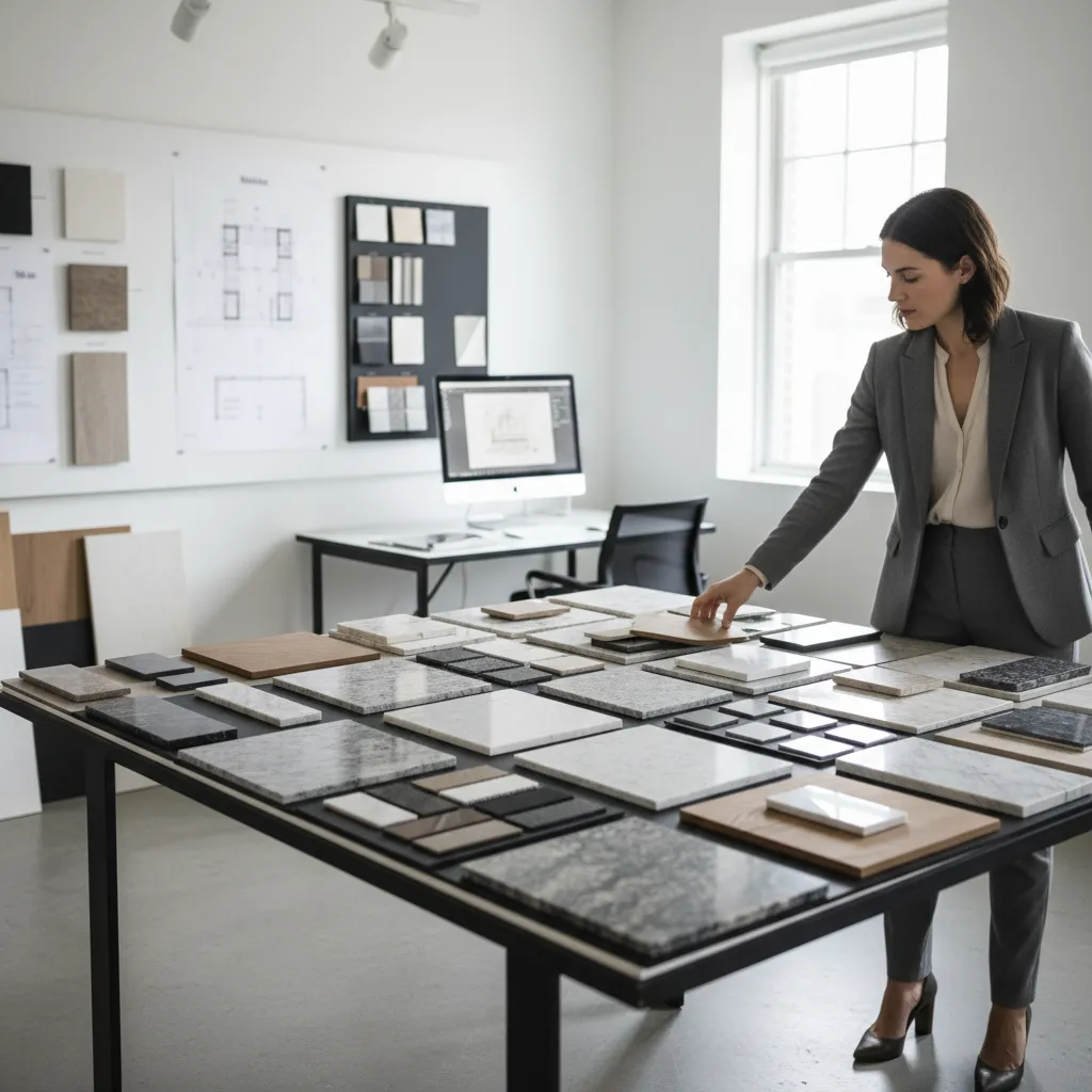 Interior designer comparing material samples and finishes for a residential design project