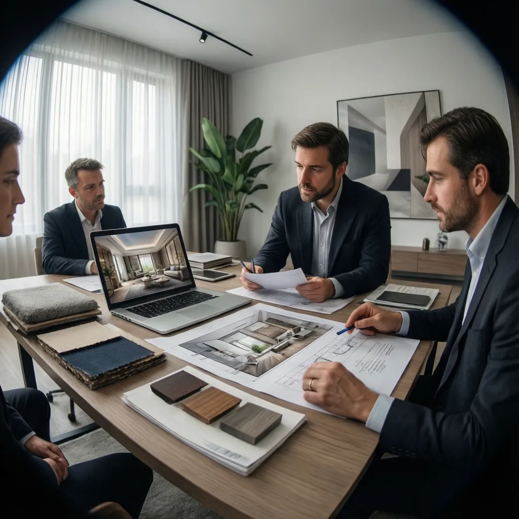 Reunión entre diseñador de interiores y cliente revisando presupuesto del proyecto