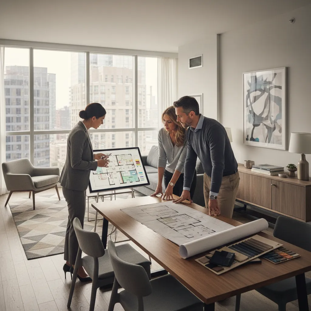 Diseñador explicando las fases de un proyecto de interiorismo a un cliente