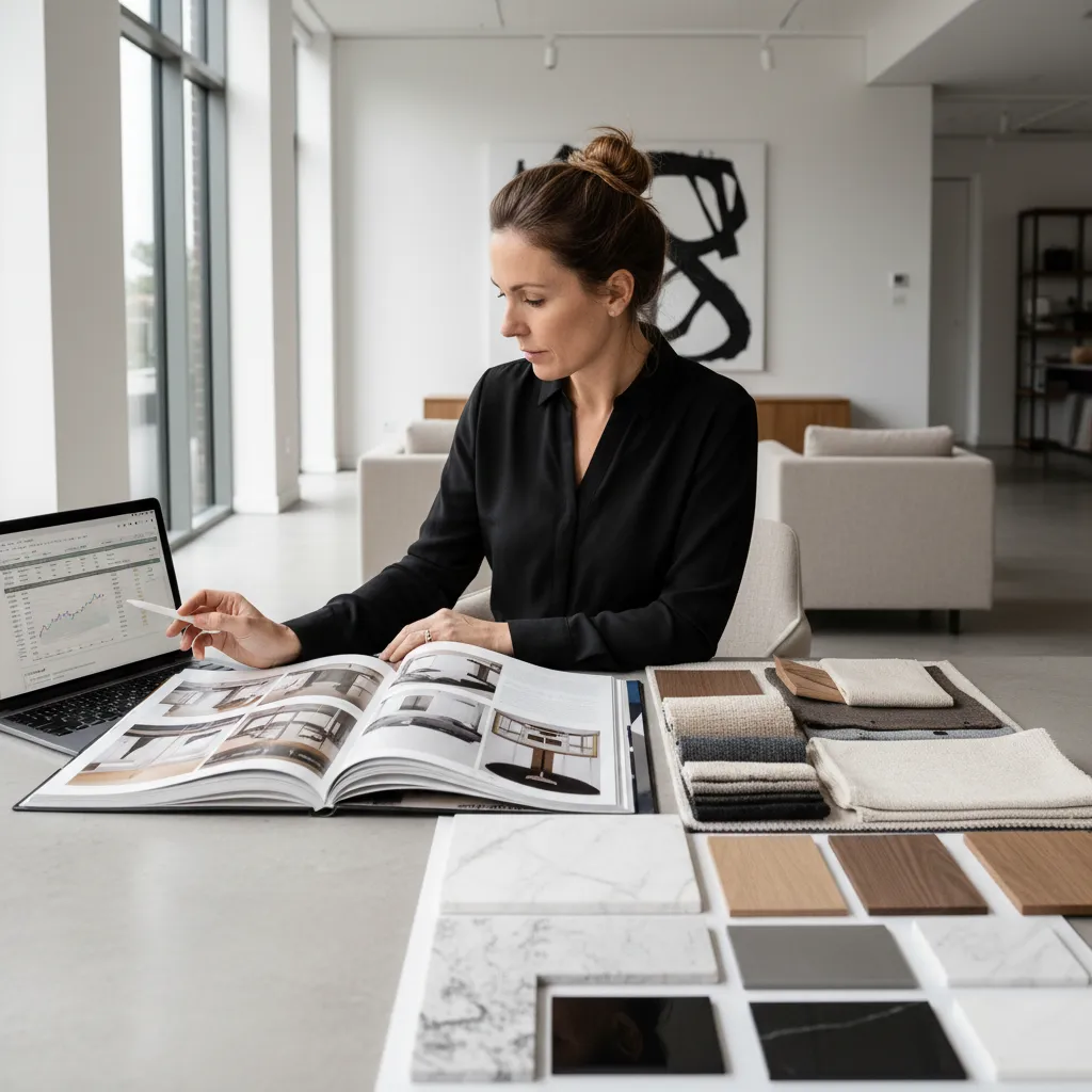 Female designer looking at laptop and book with material samples including wood fabric and stone