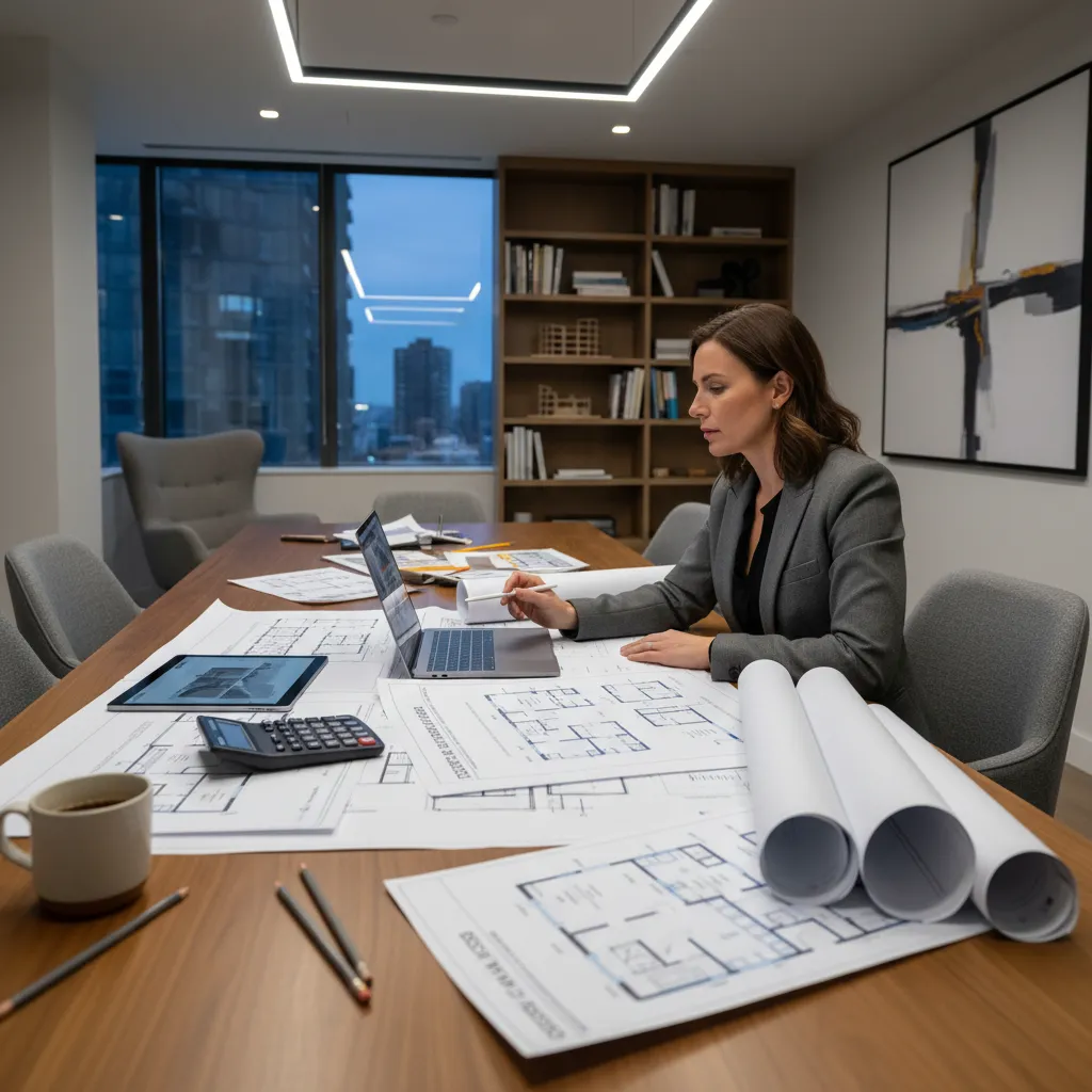 Female designer working at desk with laptop floor plans calculator and rolled interior design drawings