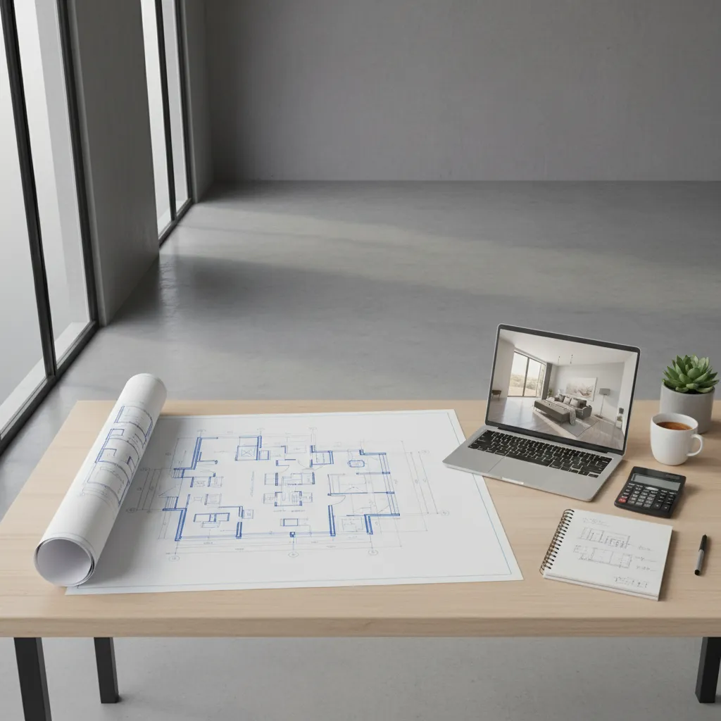 Interior designer planning project budget with laptop calculator and floor plans