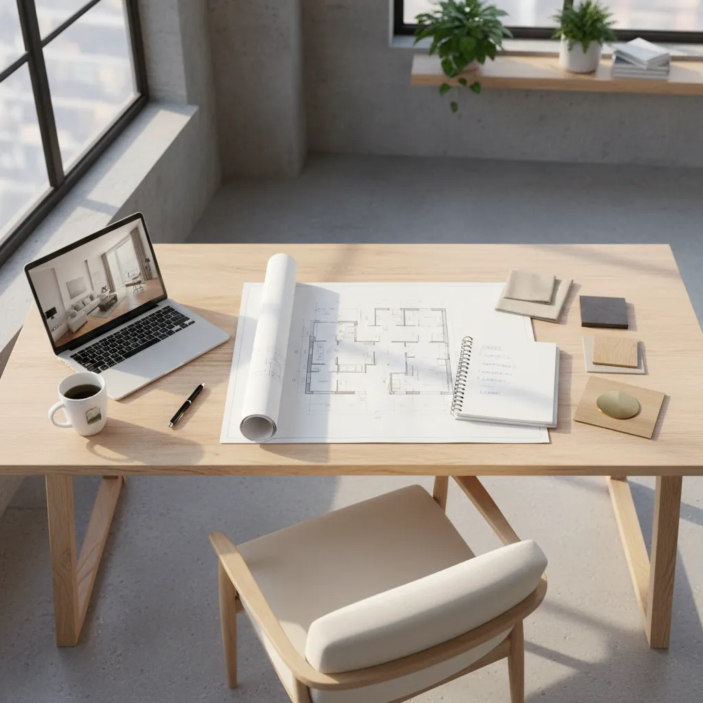 Interior designer workspace with budgeting documents material samples and floor plans