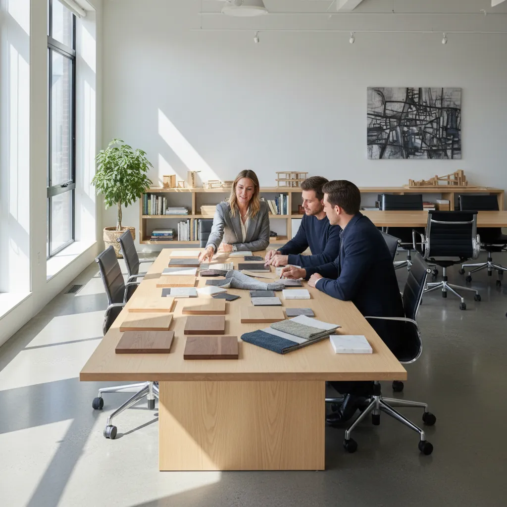 Interior designers meeting at a wooden table reviewing various material samples for a renovation project