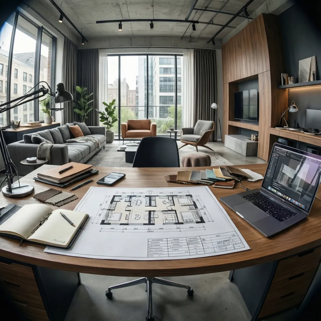 Mesa de trabajo con planos de interiorismo, portátil y cuaderno de planificación