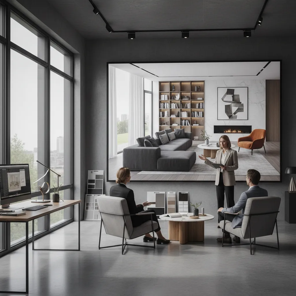 Professional designer presenting interior design drawing of a living room to clients in modern office