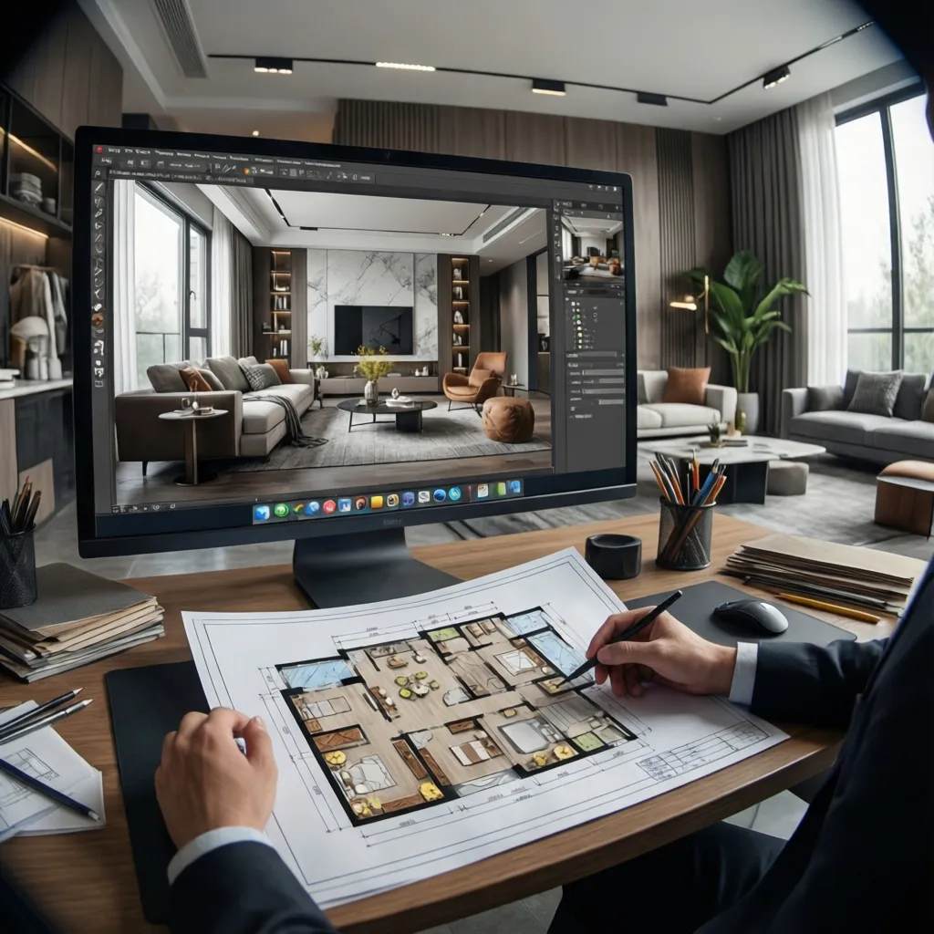 Interior designer drawing on a paper floor plan with a large monitor showing room layouts