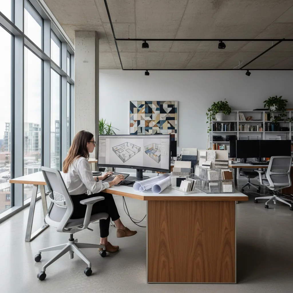 Woman sitting at a wooden desk working on a room layout design with a computer