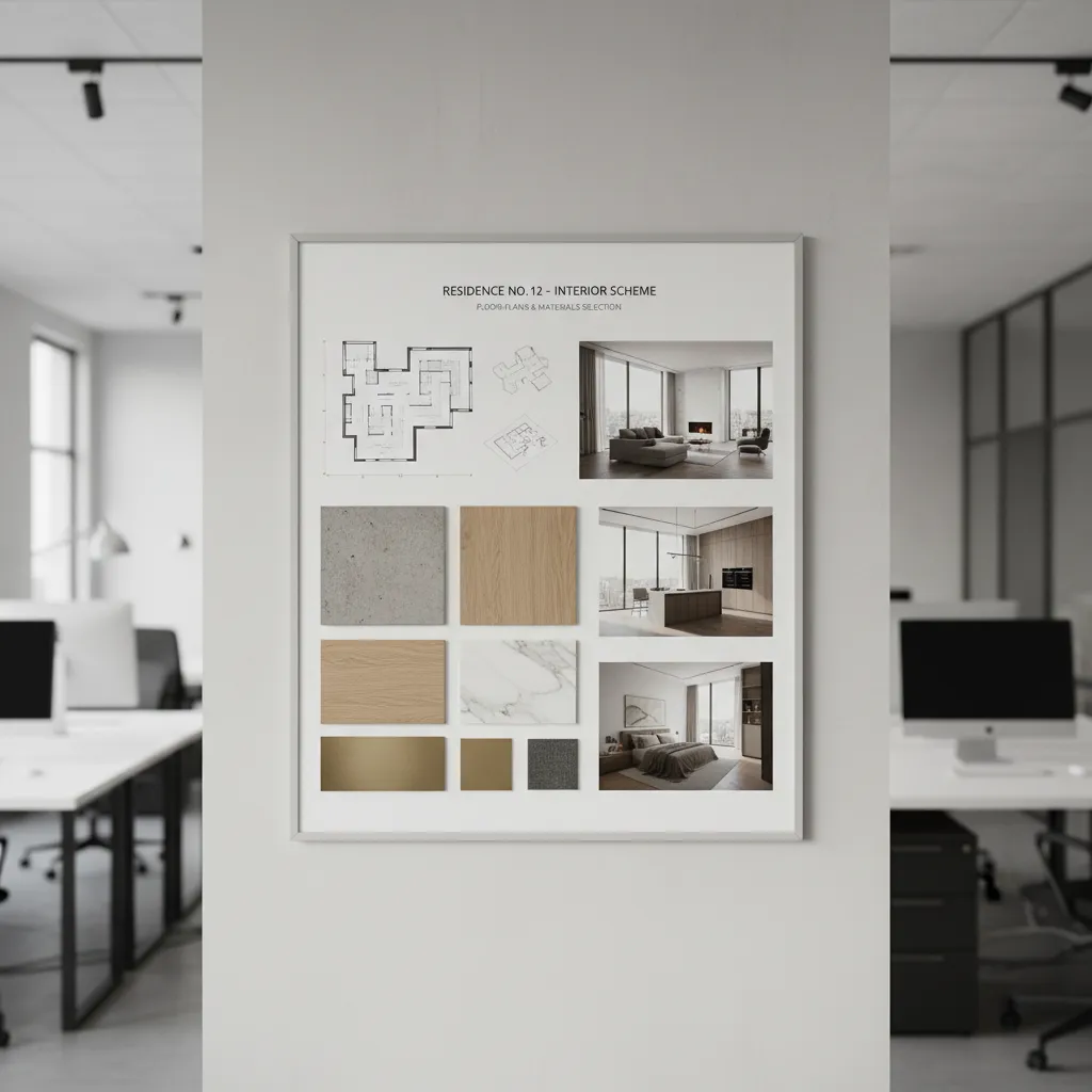 Interior design case study presentation board with plans diagrams and renderings