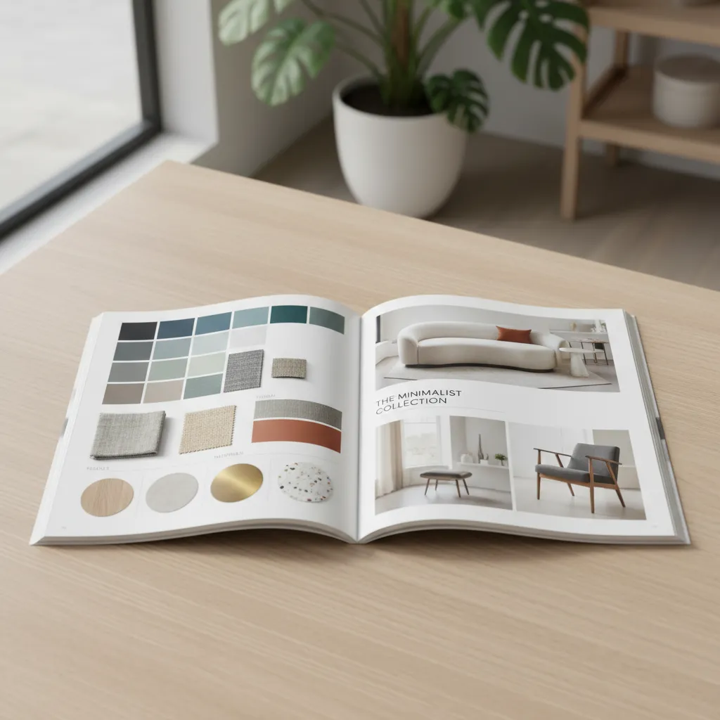 Páginas abiertas de un catálogo de diseño de interiores con estilos y paletas de color