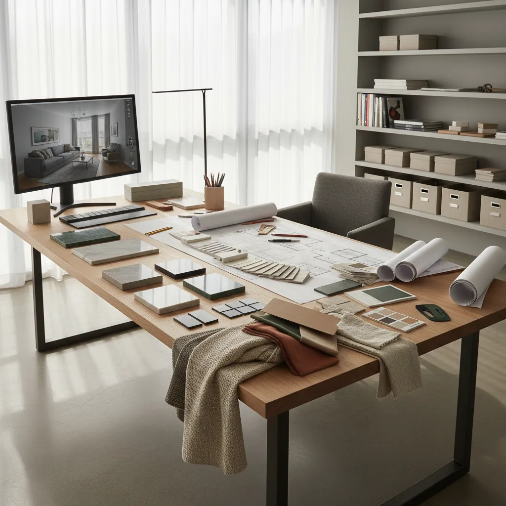 Mesa de trabajo con muestras de materiales, paletas de color y planos de interiorismo