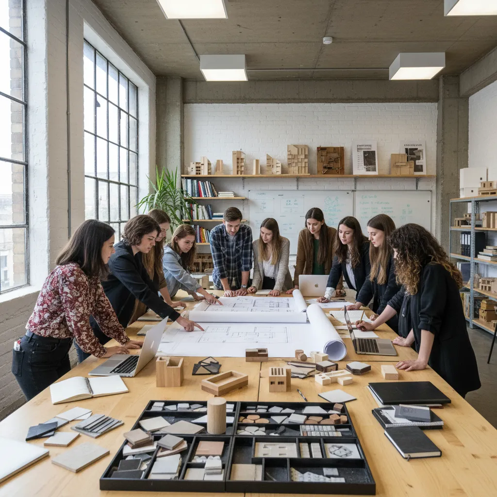 Clase universitaria de diseño de interiores con estudiantes revisando planos