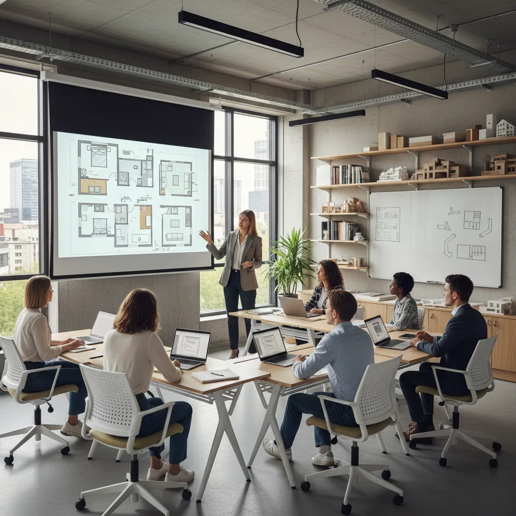 Interior design classroom with teacher showing a room layout on projector to students using laptops