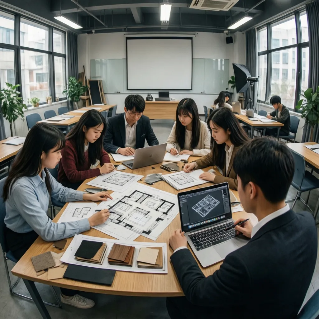 aula universitaria de diseño de interiores con estudiantes trabajando en proyectos