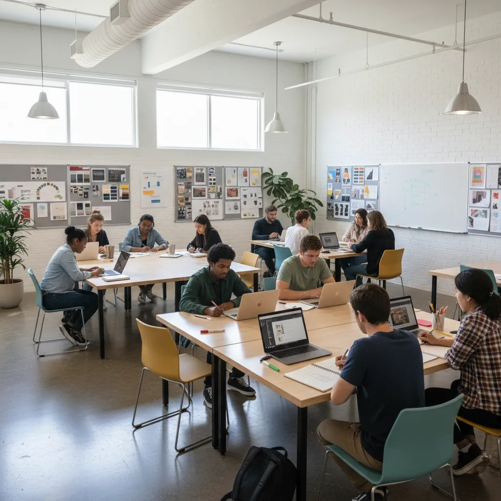 Clase de estudiantes de diseño de interiores trabajando en proyectos