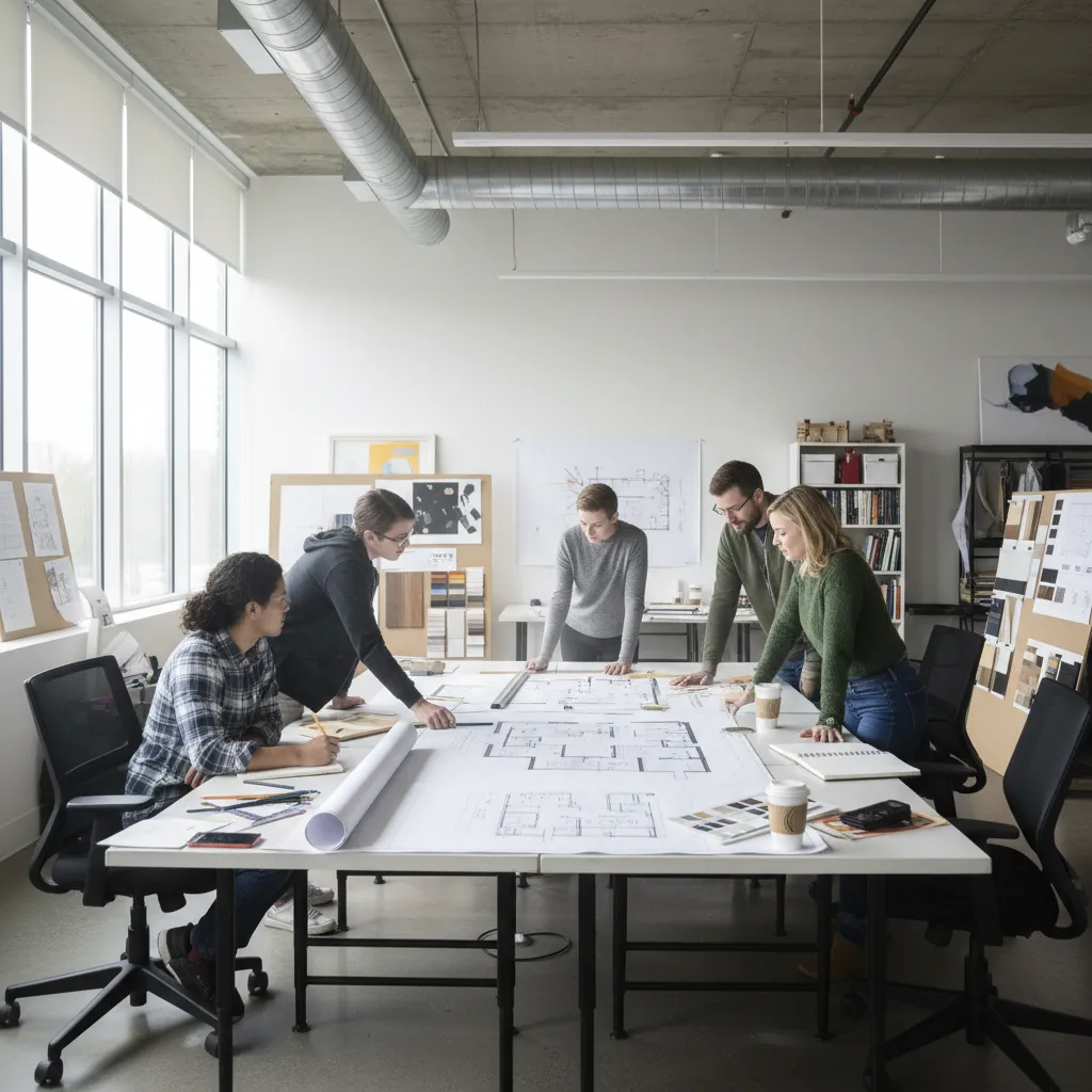 Clase de diseño de interiores con estudiantes revisando planos
