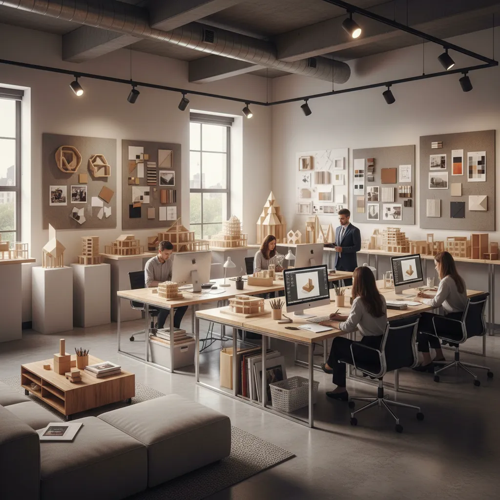 Designers working at computers in modern office with wooden room models and black track lights