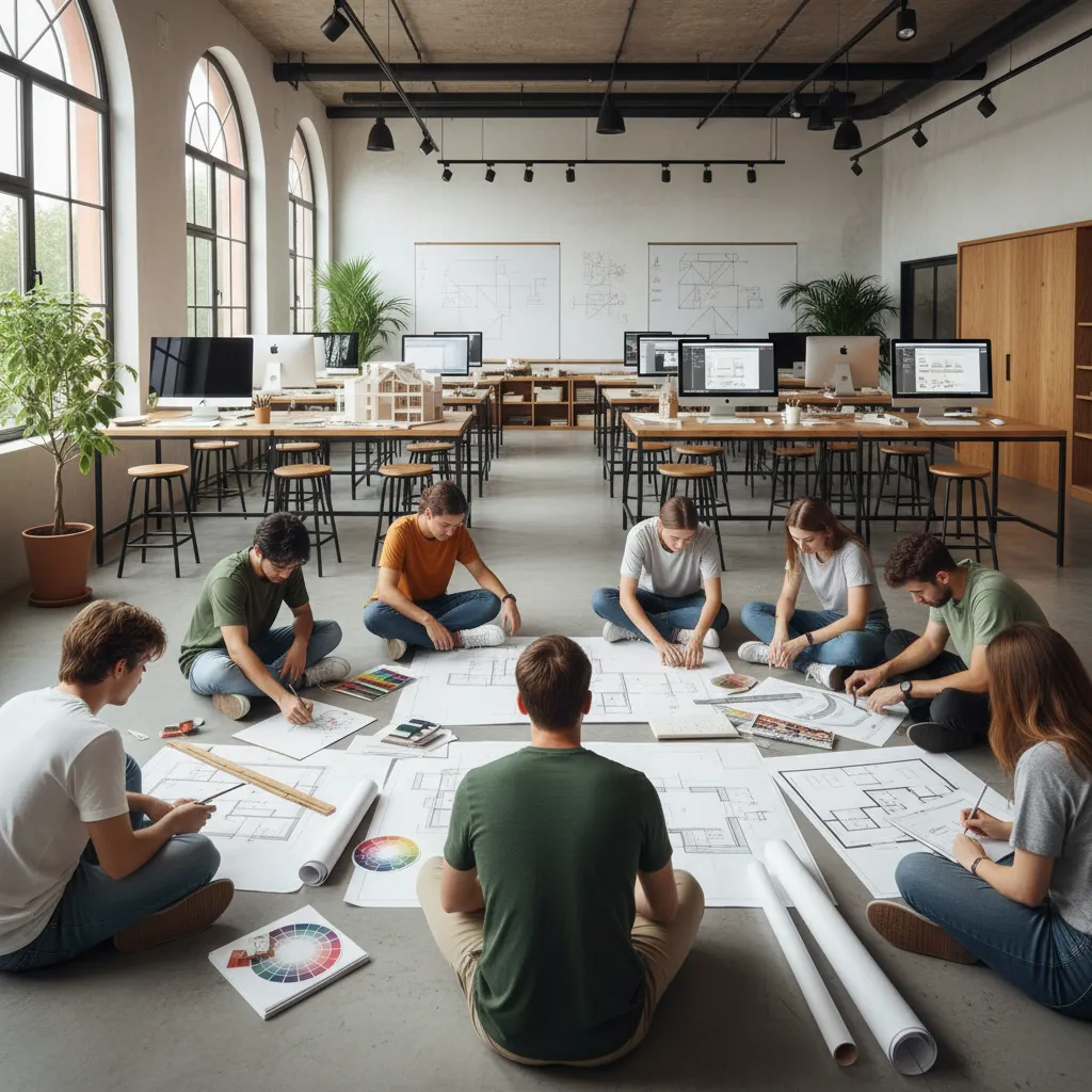 Aula de escuela de diseño con estudiantes trabajando en proyectos de interiorismo