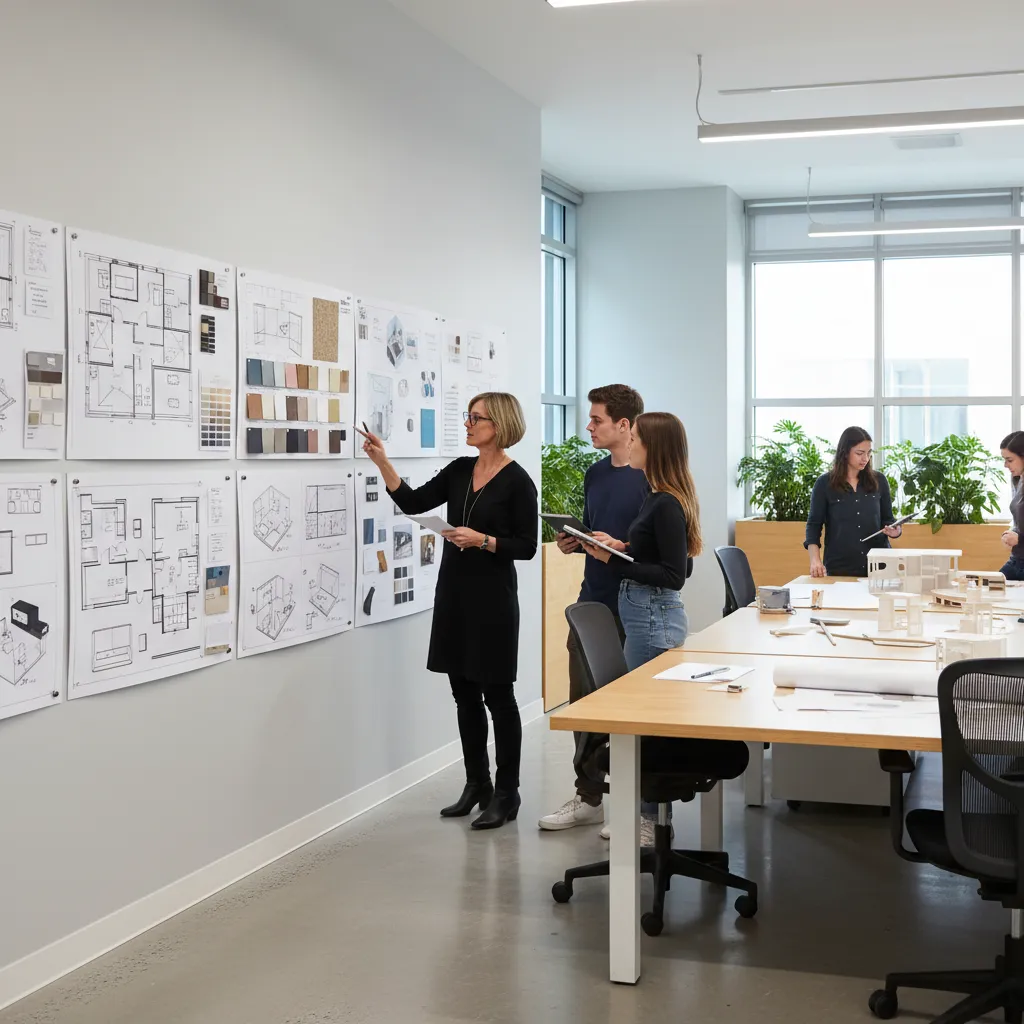 Profesor revisando proyectos de diseño interior con estudiantes