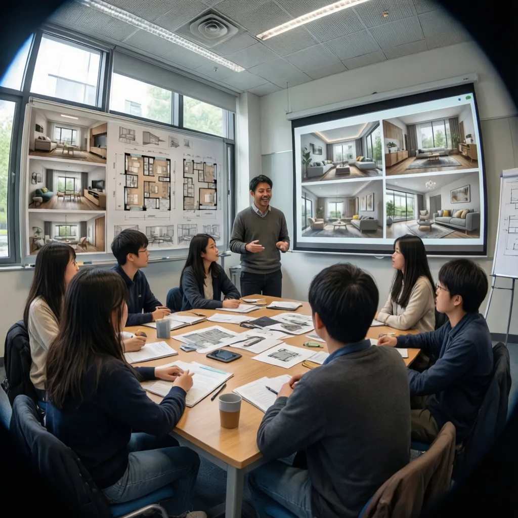Clase de interiorismo revisando proyectos de estudiantes en paneles de presentación