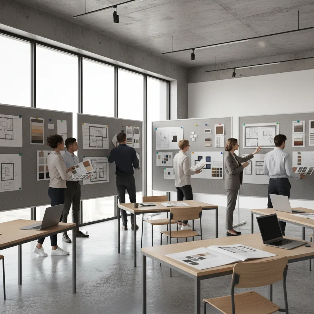 interior design students presenting project boards during critique session