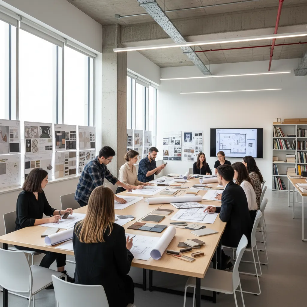 Clase de diseño de interiores con estudiantes revisando planos
