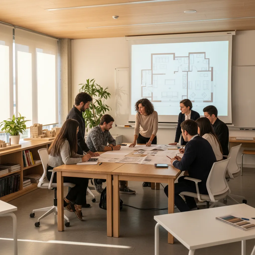 Clase de diseño de interiores con profesor explicando planos