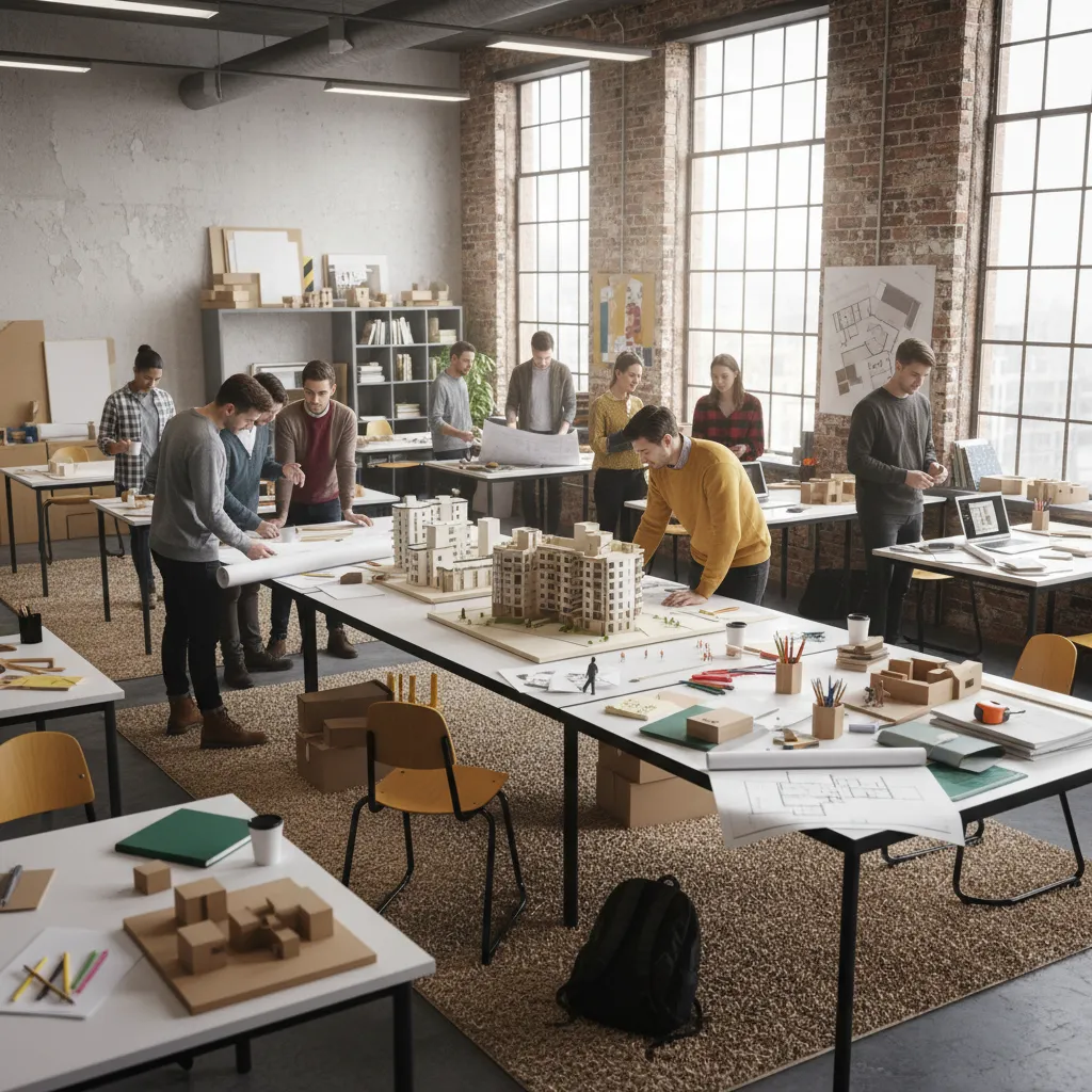 Students working on building models and floor plans in a large industrial style design studio