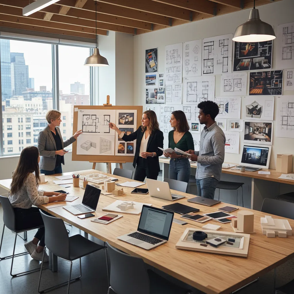 Profesor revisando proyectos de interiorismo con estudiantes