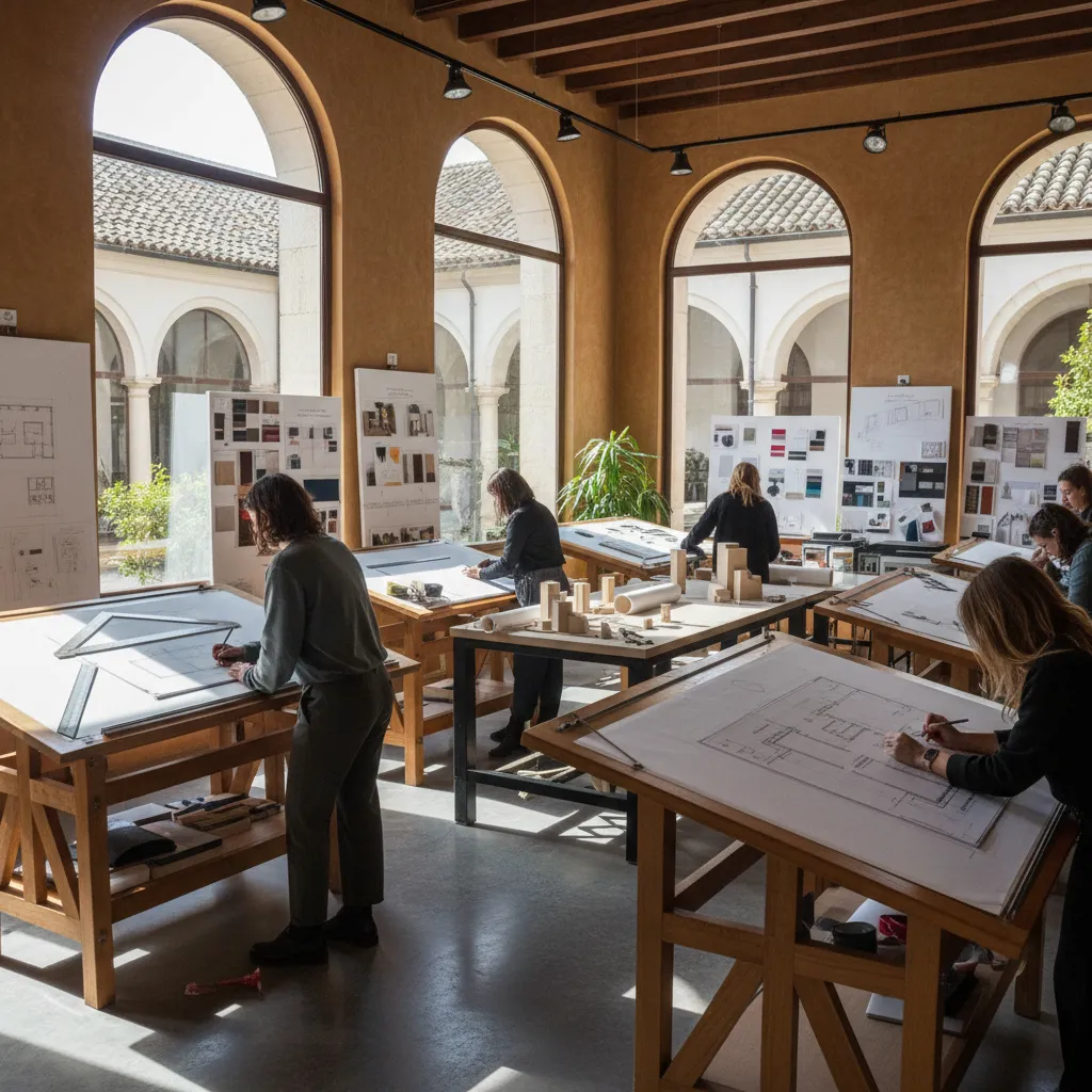 Students using drawing boards to create room layout plans in studio with large arched windows