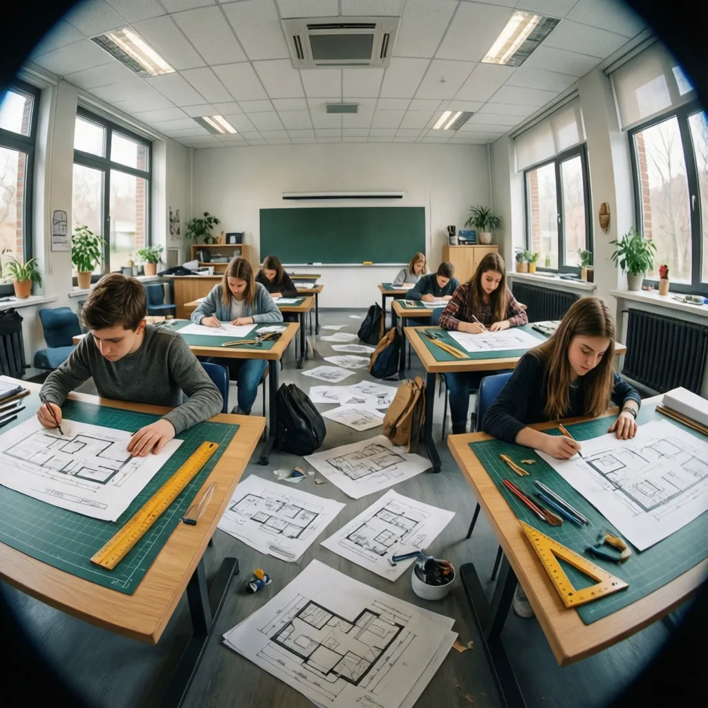 Students in classroom drawing floor plans by hand with pencils and rulers at wooden desks