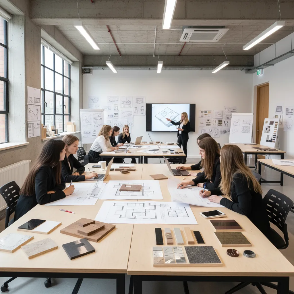 Interior design students sitting at tables studying floor plans and material samples in a studio
