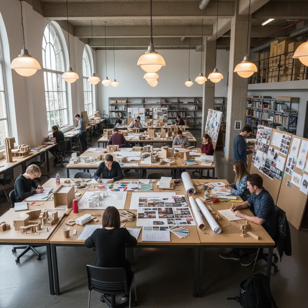 Many students working on interior design drawings and models in a studio with ceiling lights
