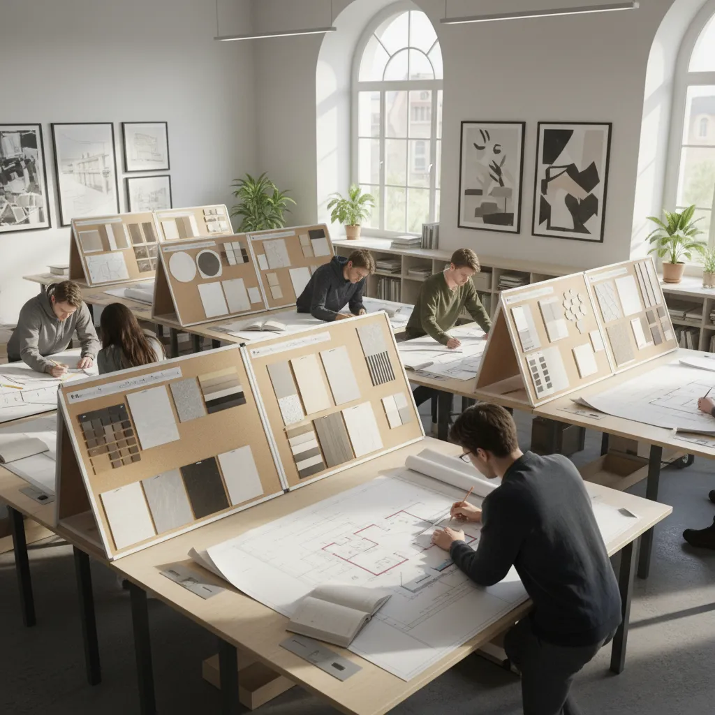 Aula de diseño de interiores con estudiantes trabajando en planos